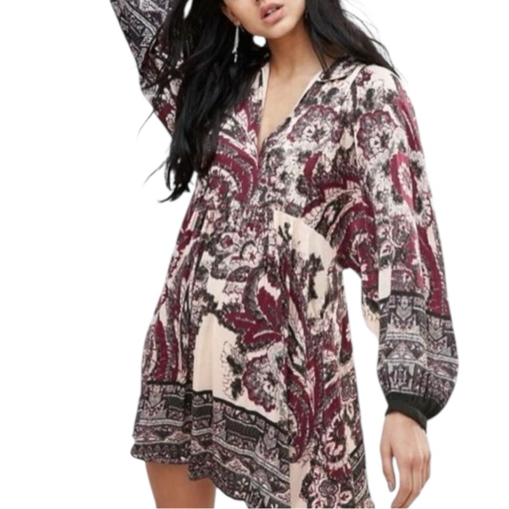 Free People Say You Love Me long-sleeve dress in burgundy and ivory SZ S - Picture 5 of 9